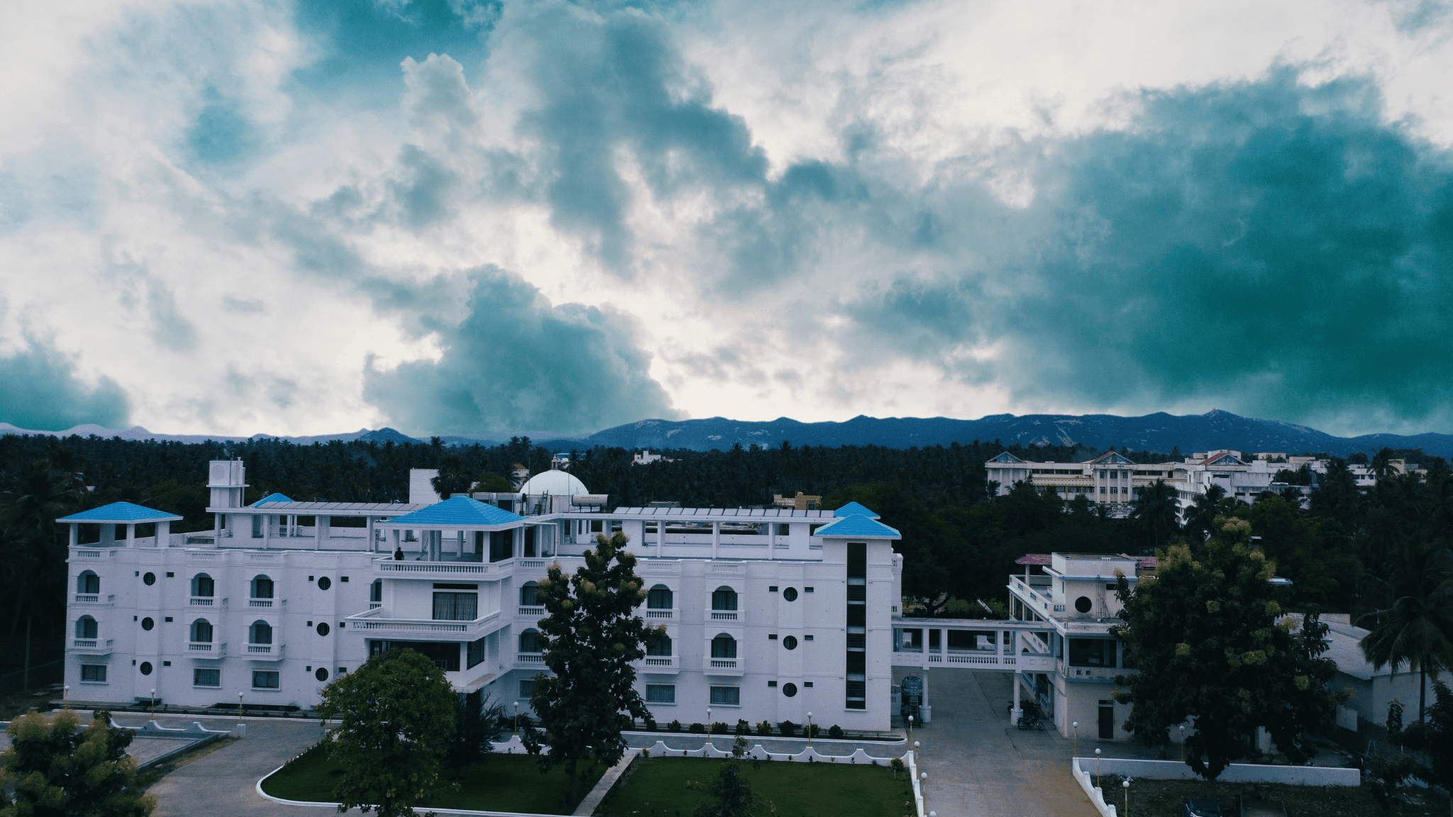 Aerial view of Hotel Agni and the surrounding farm